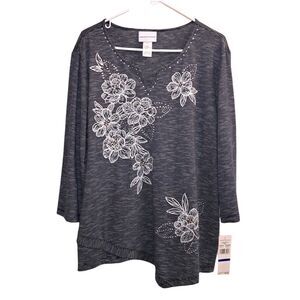 NEW Alfred Dunner Floral Embroidered Tunic Striped Size XL Gray / Indigo